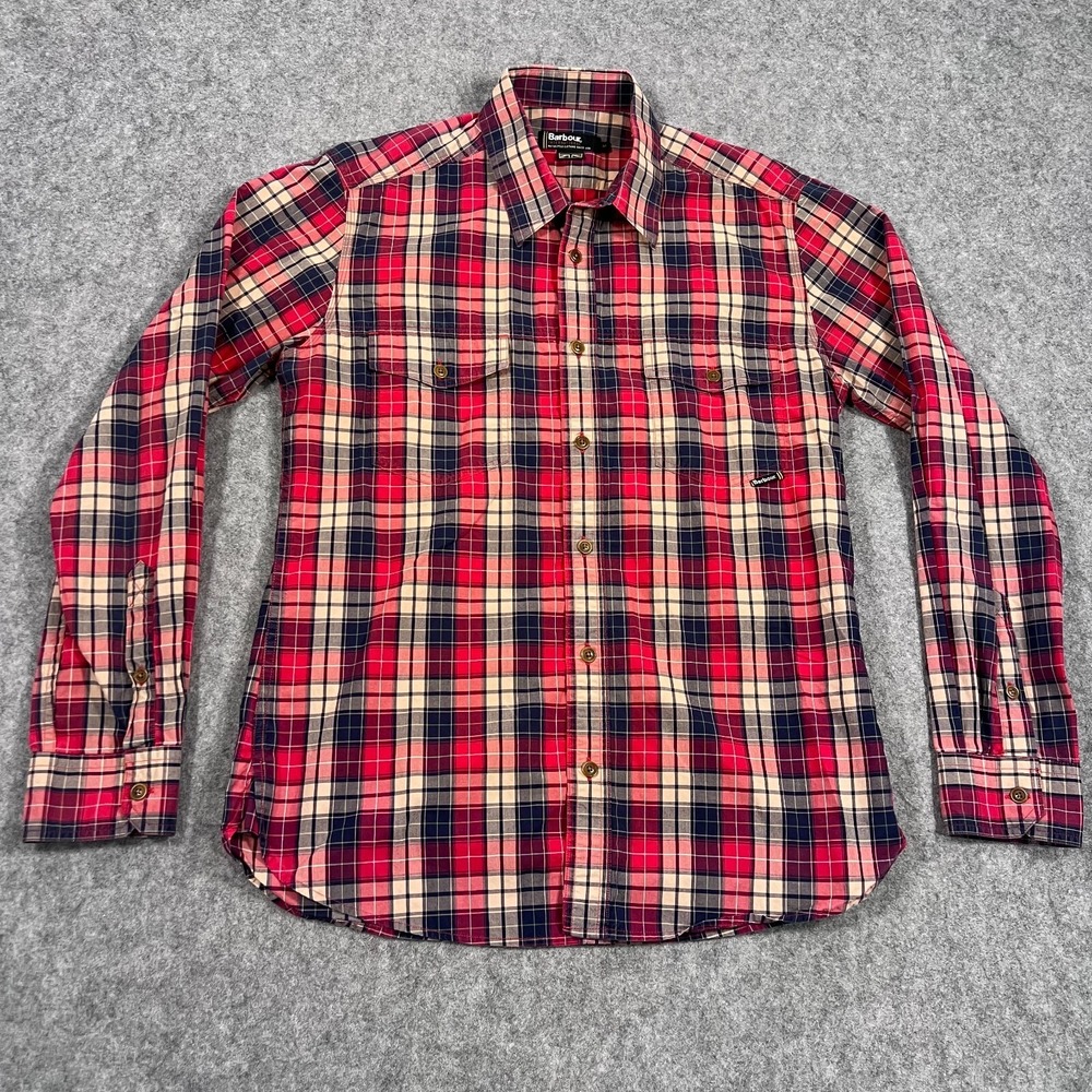 Barbour Red Black Plaid Long Sleeve Button Down Shirt Men's Size Medium‎